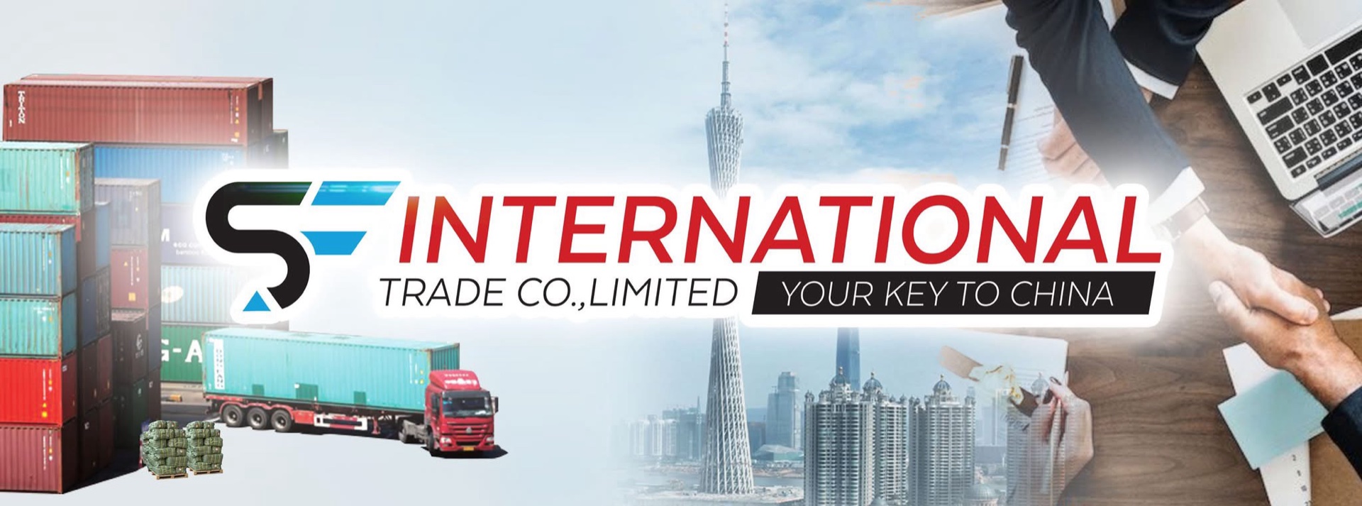 SF International Trade — containers, Guangzhou skyline, and business operations